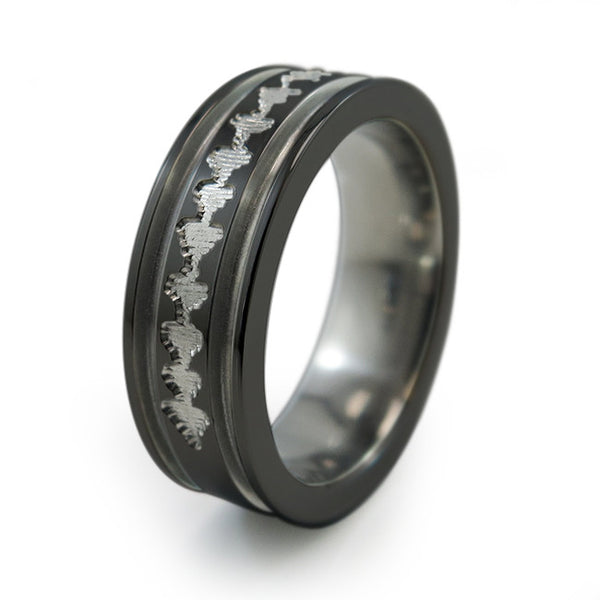 Black Titanium Ring with sound wave engraving of babys heartbeat from Ultrasound, or any sound wave that can be captured. 