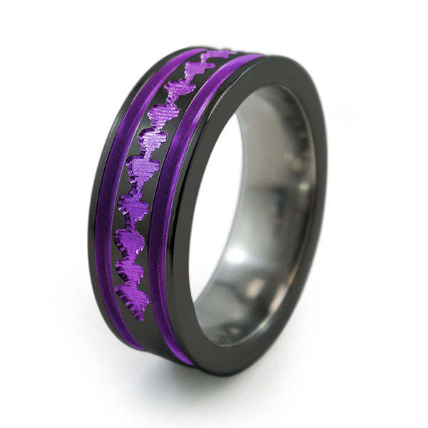 Black Titanium Ring with sound wave engraving of babys heartbeat from Ultrasound, or any sound wave that can be captured. 