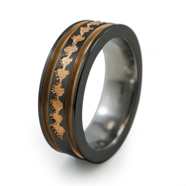 Black Titanium Ring with sound wave engraving of babys heartbeat from Ultrasound, or any sound wave that can be captured. 
