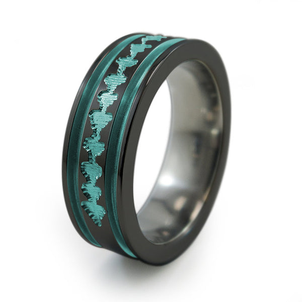 Black Titanium Ring with sound wave engraving of babys heartbeat from Ultrasound, or any sound wave that can be captured. 