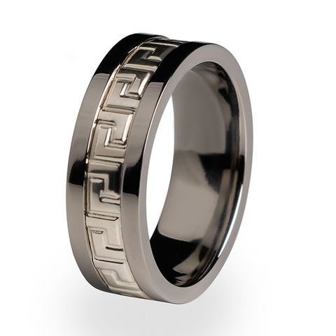 Greek Key Titanium ring with Silver inlay