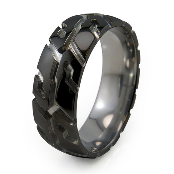 Black Titanium Tire Tread Ring Two Tone Silver
