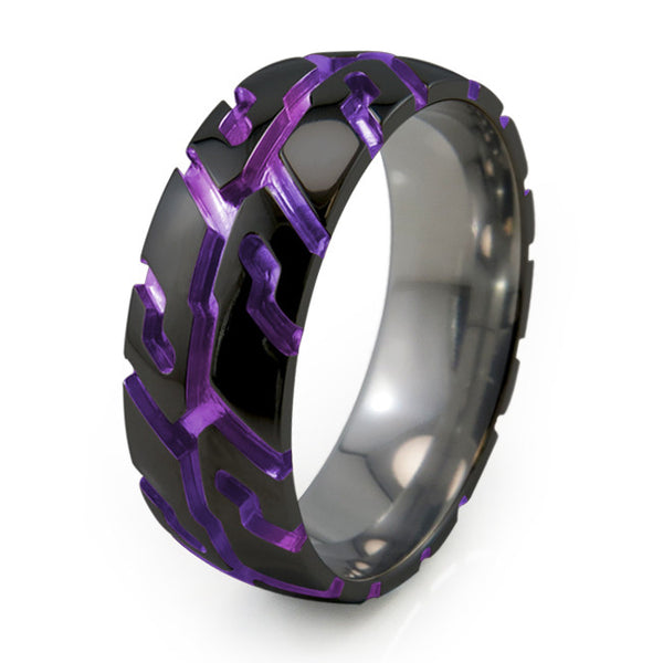 Black Titanium Tire Tread Ring Purple