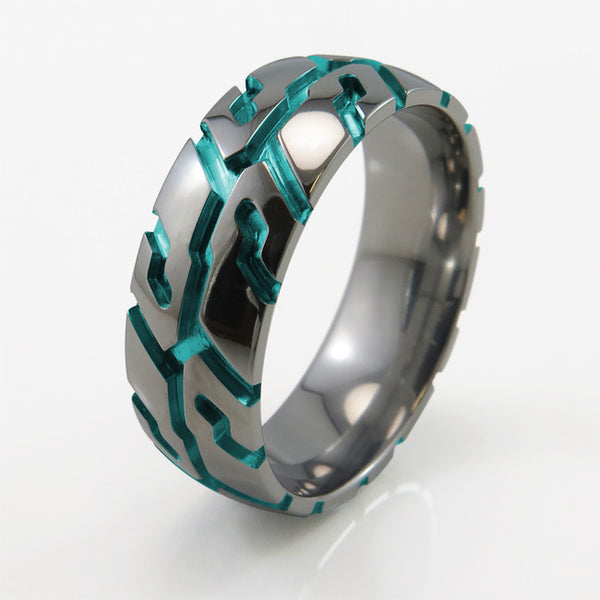 Tire Tread Titanium Ring Teal 