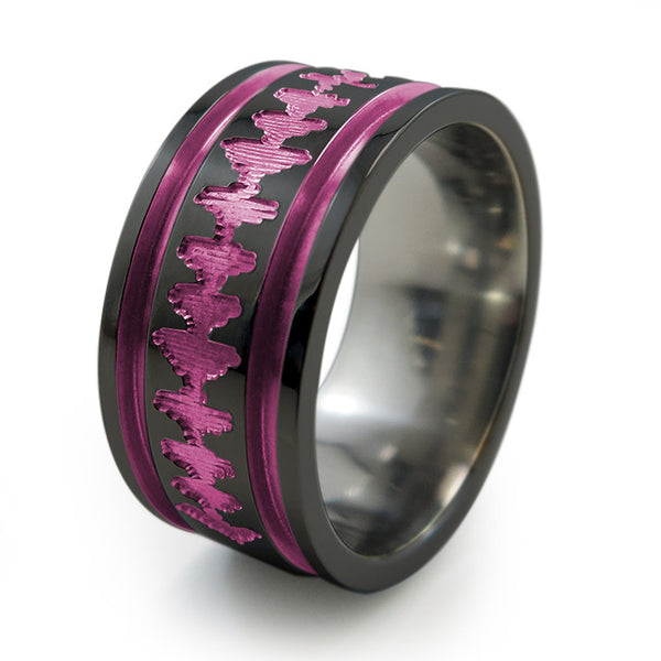 Black Titanium Ring with sound wave engraving of babys heartbeat from Ultrasound, or any sound wave that can be captured. 