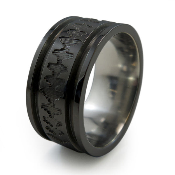 Black Titanium Ring with sound wave engraving of babys heartbeat from Ultrasound, or any sound wave that can be captured. 