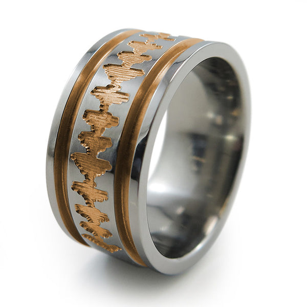 Titanium Ring with soundwave engraving of babys heartbeat from Ultrasound, or any sound wave that can be captured. 