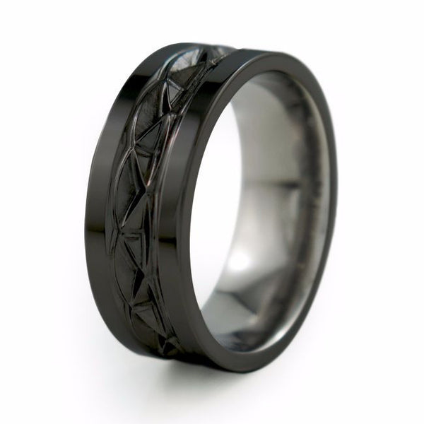 Symbolic of endless love; this fine woven Celtic pattern represents infinity. The Black Hypnos is crafted from a solid block of aircraft grade Titanium