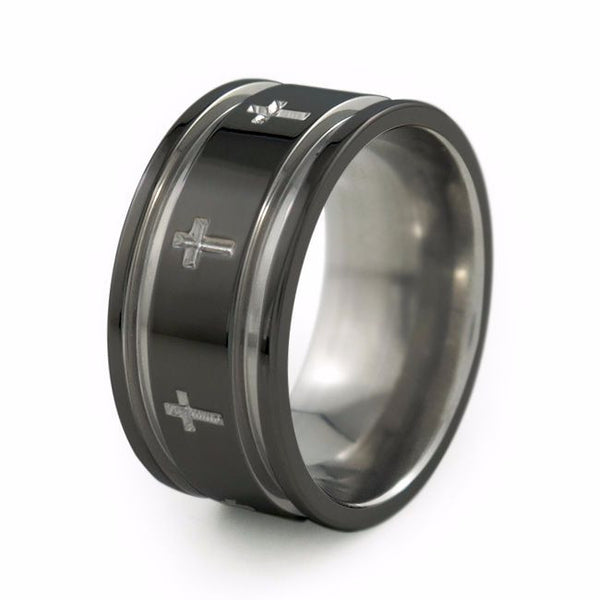 Crusader ring, mens two toned black titanium wedding band 