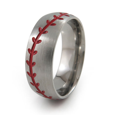 Baseball Titanium Ring Red Stitching