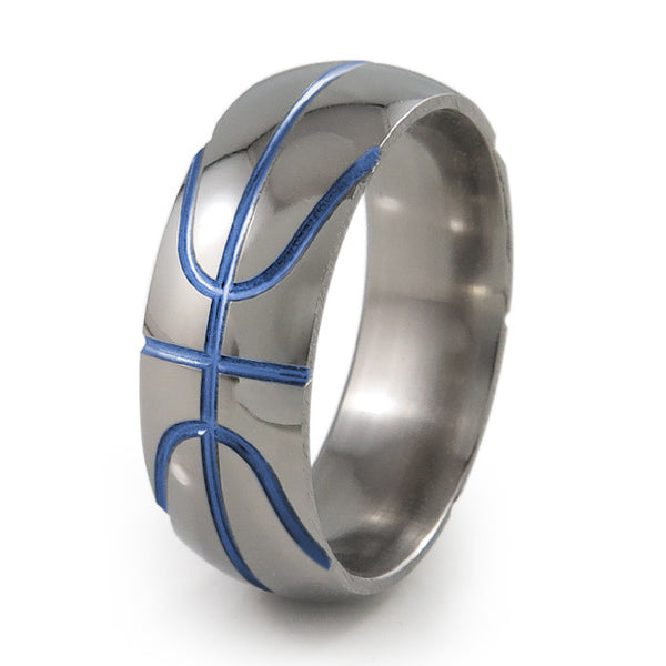 Basket ball inspired titanium ring with blue accent 