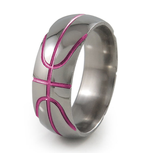 Basket ball inspired titanium ring with pink accent 