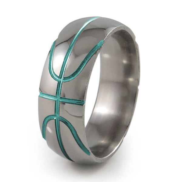 Basket ball inspired titanium ring with green accent 