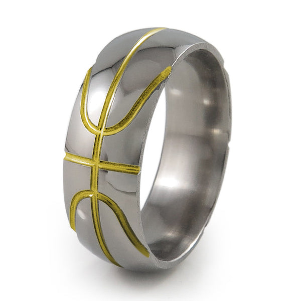 Basket ball inspired titanium ring with yellow accent 