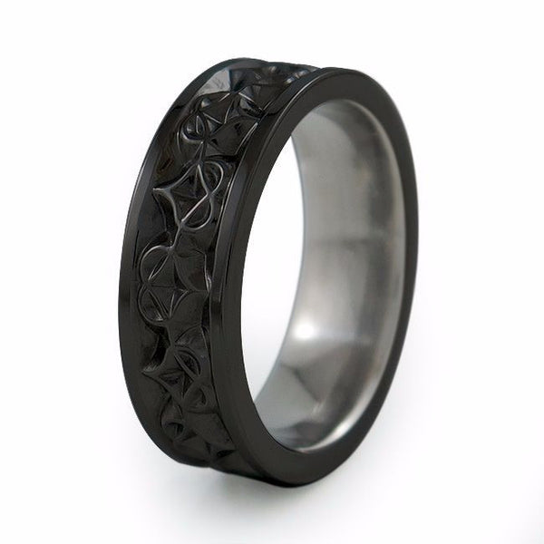 Black Titanium womens wedding ring or wedding band etched with hearts around the outside of the ring