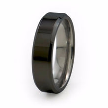 Mens black titanium wedding band with bevelled edges and a comfort fit. 