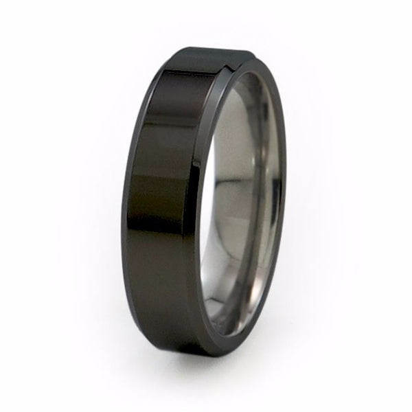 Mens black titanium wedding band with bevelled edges and a comfort fit. 