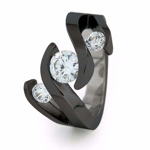 Ladies Black Titanium Ring with diamonds. This one-of-a-kind creation features a triple tension setting that makes your Diamonds or gemstones appear to float in a flowing wave. 