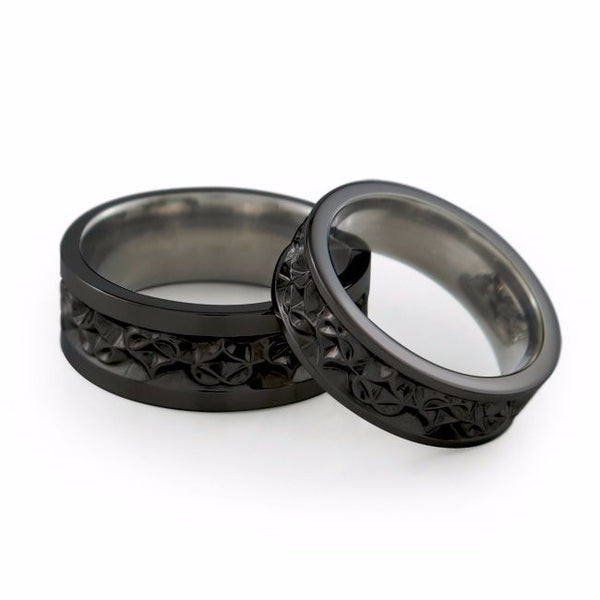Black Titanium womens wedding ring or wedding band etched with hearts around the outside of the ring
