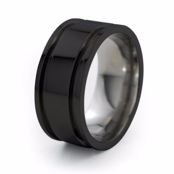 Mens Black Titanium Wedding band called the  Abyss Ring 