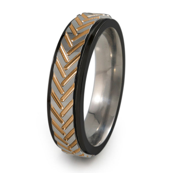 Chevrons black titanium fidget spinner ring