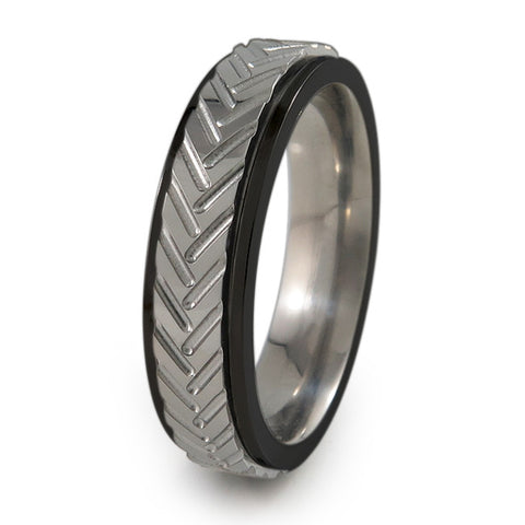 Chevrons Titanium Fidget Ring |  Black edge/natural silver color spinner and colors