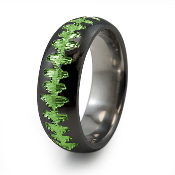 Black Titanium Ring with sound wave engraving of babys heartbeat from Ultrasound, or any sound wave that can be captured. 