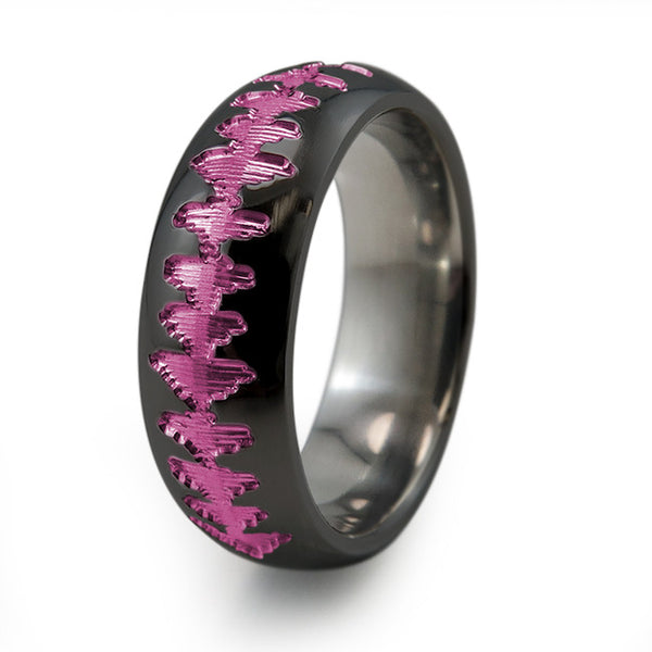 Black Titanium Ring with sound wave engraving of babys heartbeat from Ultrasound, or any sound wave that can be captured. 
