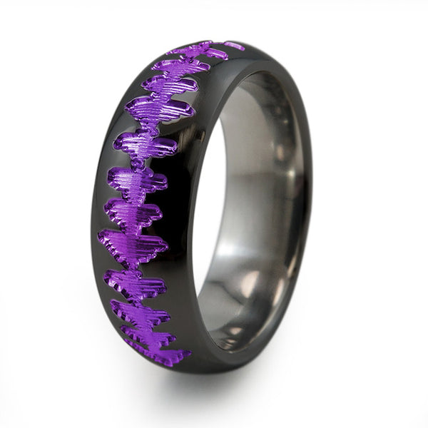 Black Titanium Ring with sound wave engraving of babys heartbeat from Ultrasound, or any sound wave that can be captured. 