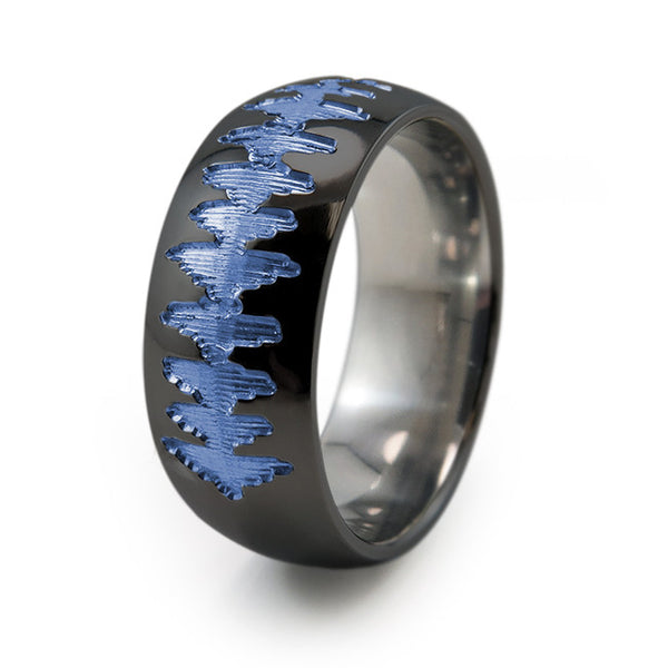 Black Titanium Ring with sound wave engraving of babys heartbeat from Ultrasound, or any sound wave that can be captured. 