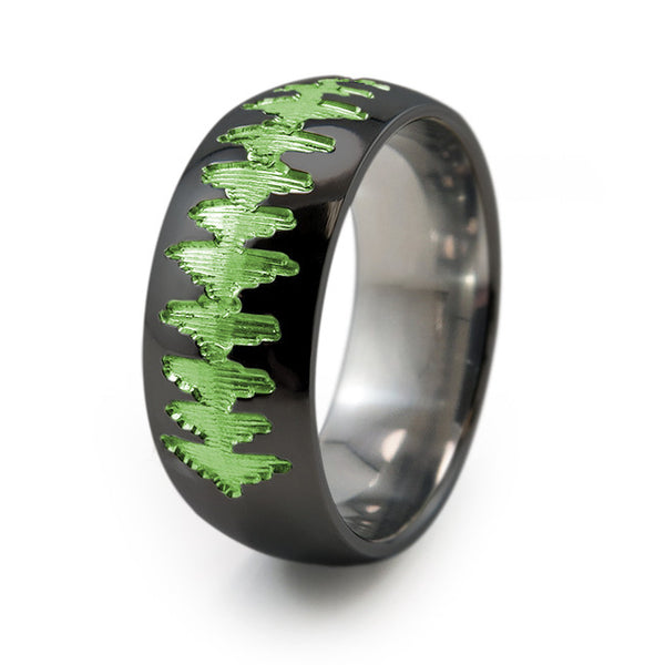 Black Titanium Ring with sound wave engraving of babys heartbeat from Ultrasound, or any sound wave that can be captured. 