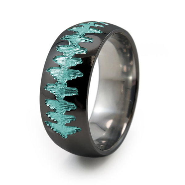 Black Titanium Ring with sound wave engraving of babys heartbeat from Ultrasound, or any sound wave that can be captured. 