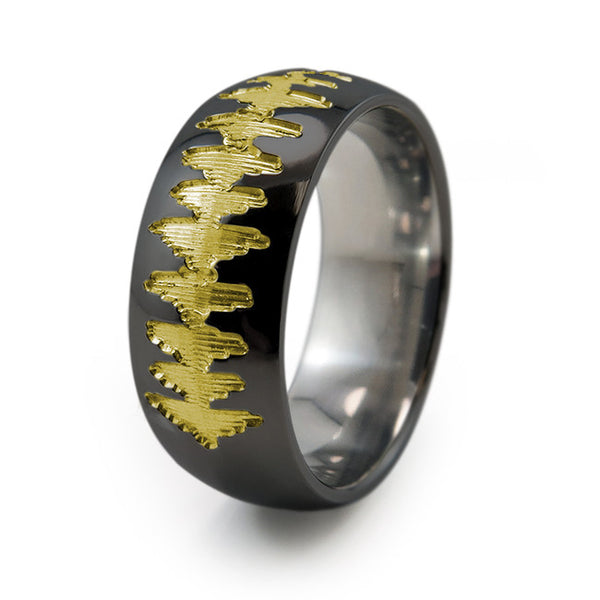 Black Titanium Ring with sound wave engraving of babys heartbeat from Ultrasound, or any sound wave that can be captured. 