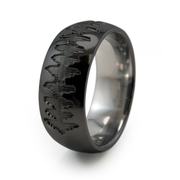 Black Titanium Ring with sound wave engraving of babys heartbeat from Ultrasound, or any sound wave that can be captured. 