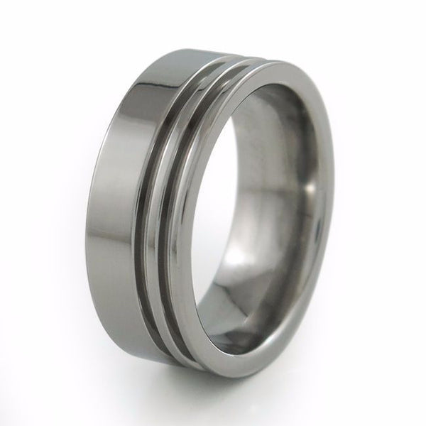 flat profiled Titanium ring with offset dual grooves for a contemporary, sporty flair. 