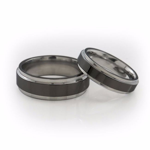 Mens and ladies two toned titanium Wedding set. Black diamond coated ring with pure titanium sides