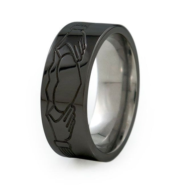 black titanium ring, Claddagh Ring, mens ring, mens wedding ring, wedding band, Titanium Ring, heart ring