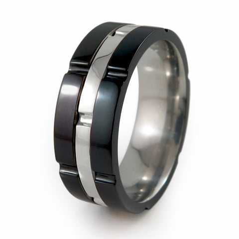 Chronos Black Titanium Ring with Silver Inlay