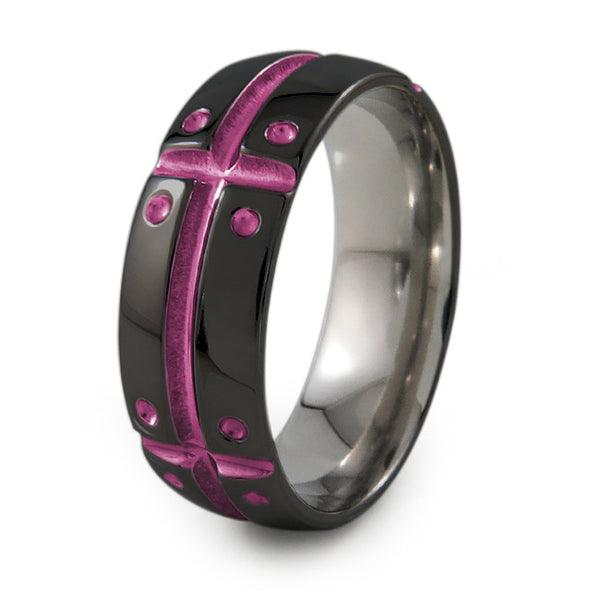 Mens Black Titanium Ring with armor and shield design. Can have a color accent and finish. 