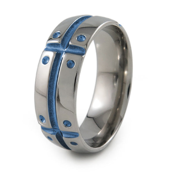 Mens Titanium Ring with armor and shield design. Can have a color accent and finish. 
