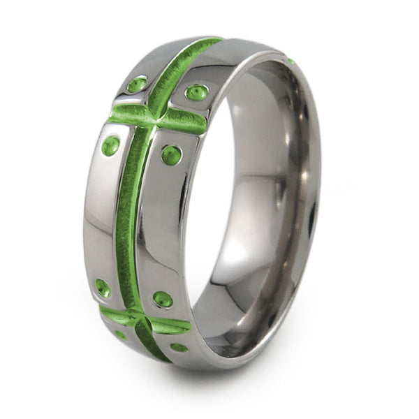 Mens Titanium Ring with armor and shield design. Can have a color accent and finish. 