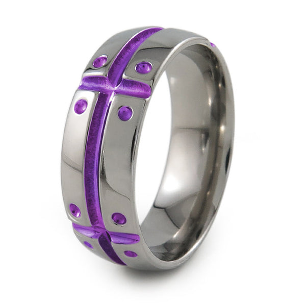 Mens Titanium Ring with armor and shield design. Can have a color accent and finish. 