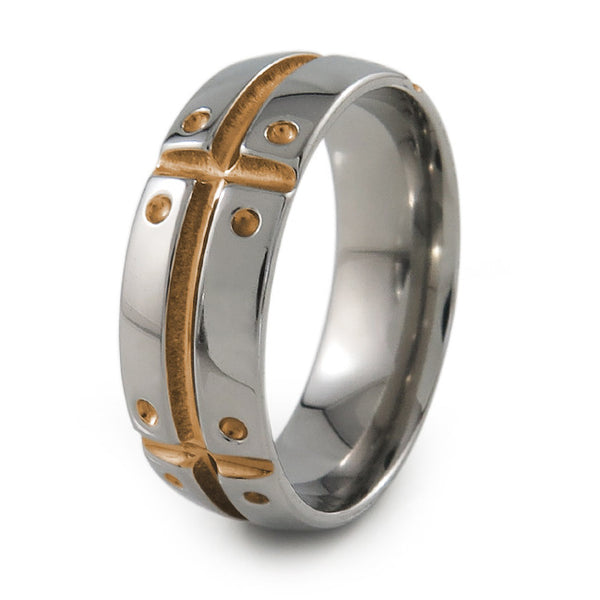 Mens Titanium Ring with armor and shield design. Can have a color accent and finish. 