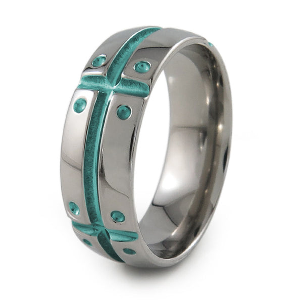 Mens Titanium Ring with armor and shield design. Can have a color accent and finish. 