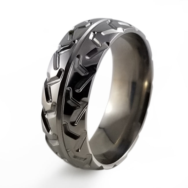Black Zirconium Ring with Motorcycle Tire Tread Pattern Inlay Custom Made  Men's Wedding Band – Stonebrook Jewelry