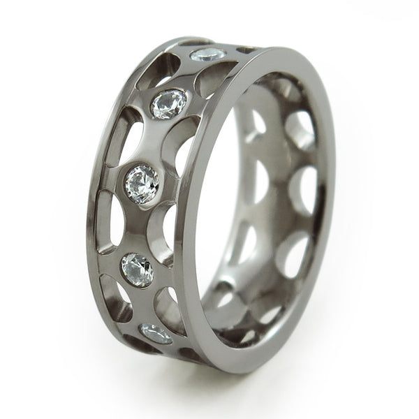  stunning carved unisex Titanium band which is adorned with 12, 3mm Cubic Zirconias. 