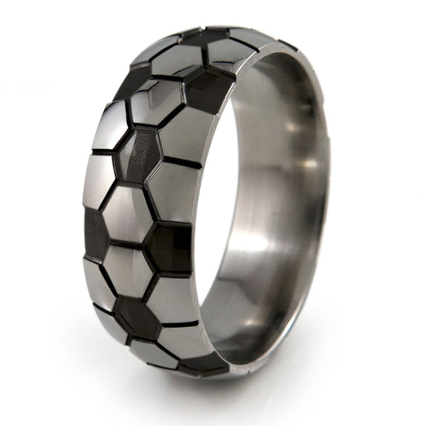 Soccer Ball Titanium Ring with black accent