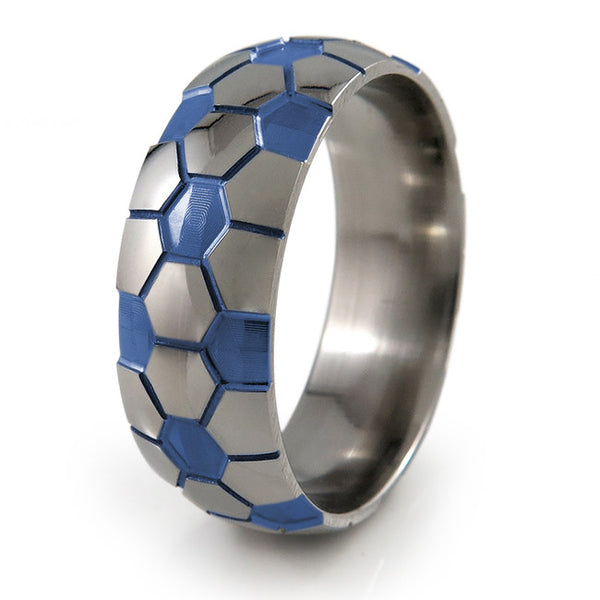 Soccer Ball Titanium Ring with blue accent