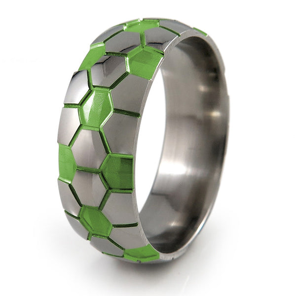Soccer Ball Titanium Ring with green accent