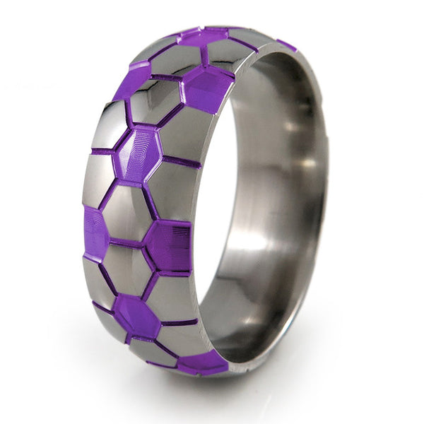 Soccer Ball Titanium Ring with purple accent